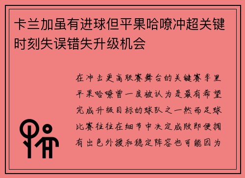 卡兰加虽有进球但平果哈嘹冲超关键时刻失误错失升级机会 卡兰加虽有进球但平果哈嘹冲超关键时刻失误错失升级机会